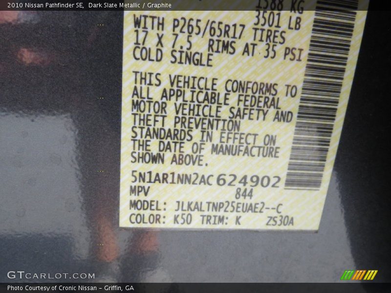 Dark Slate Metallic / Graphite 2010 Nissan Pathfinder SE