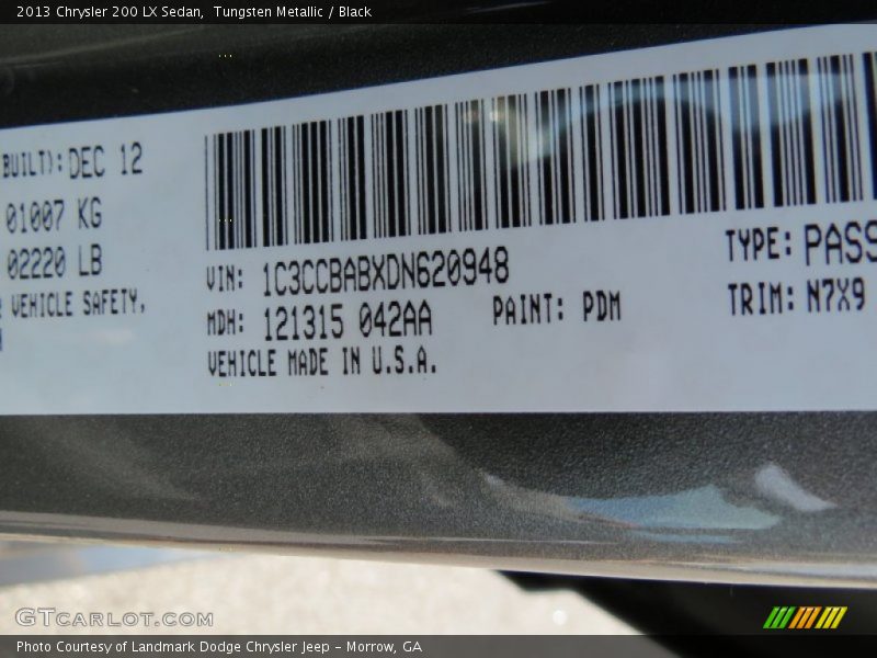 Tungsten Metallic / Black 2013 Chrysler 200 LX Sedan