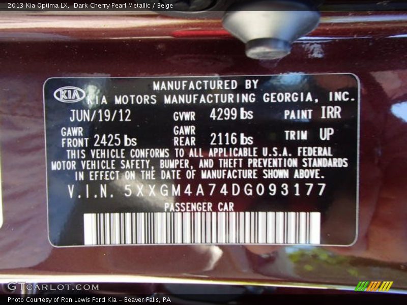 2013 Optima LX Dark Cherry Pearl Metallic Color Code IRR