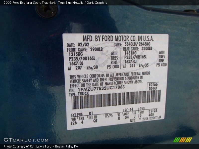 True Blue Metallic / Dark Graphite 2002 Ford Explorer Sport Trac 4x4