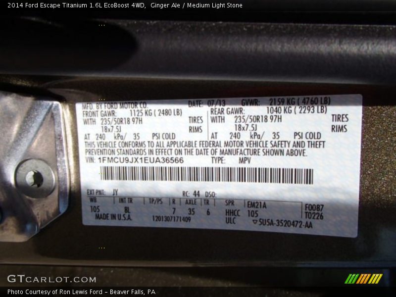 2014 Escape Titanium 1.6L EcoBoost 4WD Ginger Ale Color Code JY