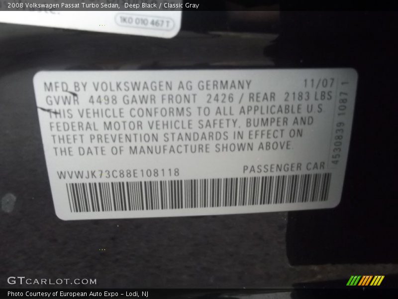 Deep Black / Classic Gray 2008 Volkswagen Passat Turbo Sedan