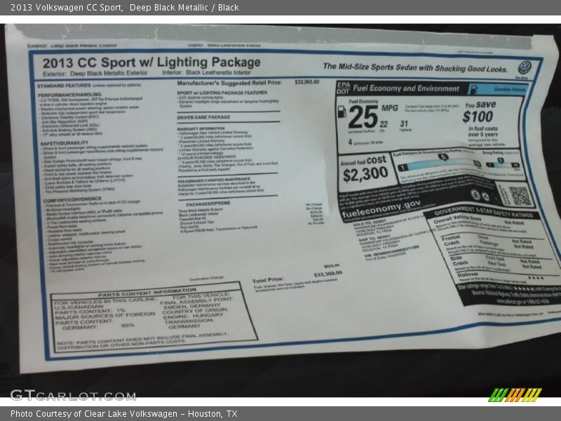 Deep Black Metallic / Black 2013 Volkswagen CC Sport