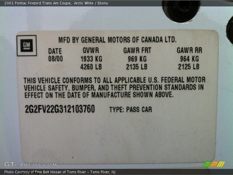 Info Tag of 2001 Firebird Trans Am Coupe