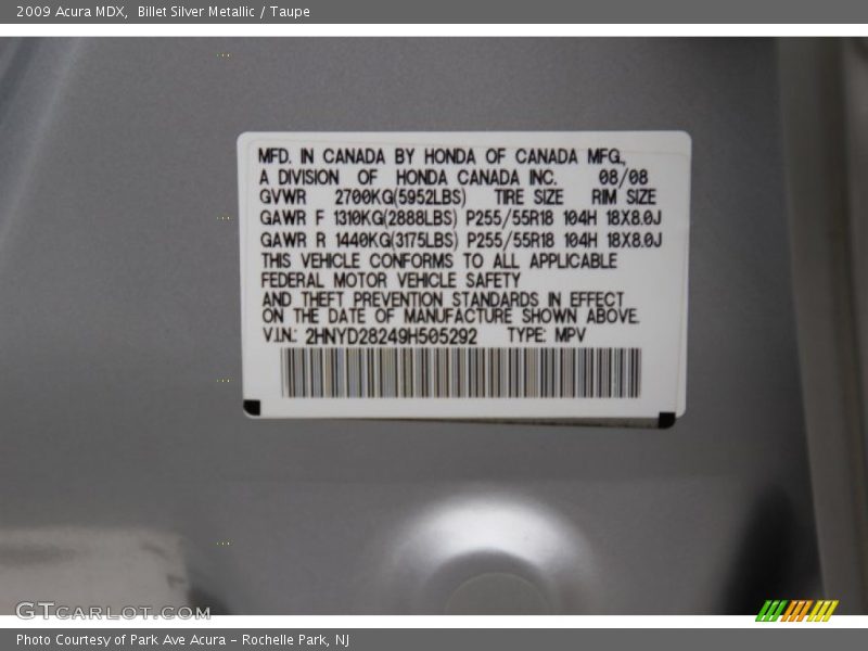 Billet Silver Metallic / Taupe 2009 Acura MDX