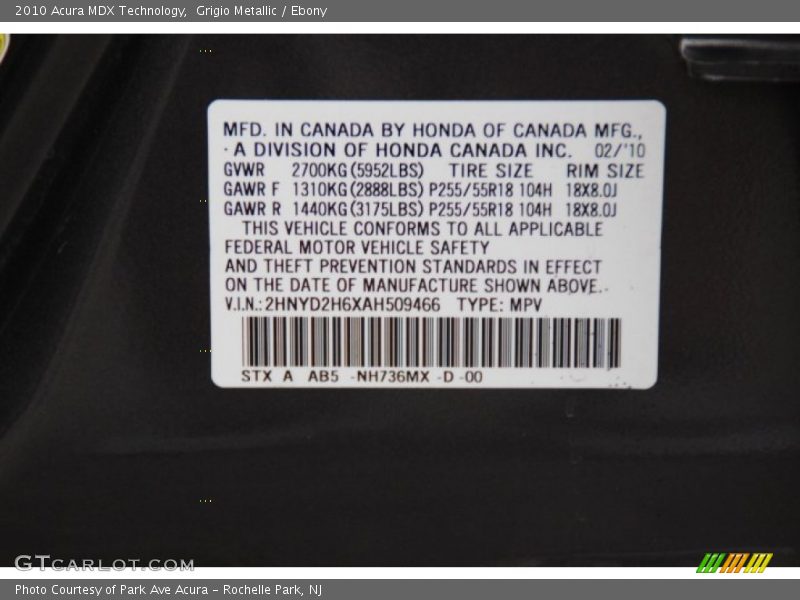 Grigio Metallic / Ebony 2010 Acura MDX Technology