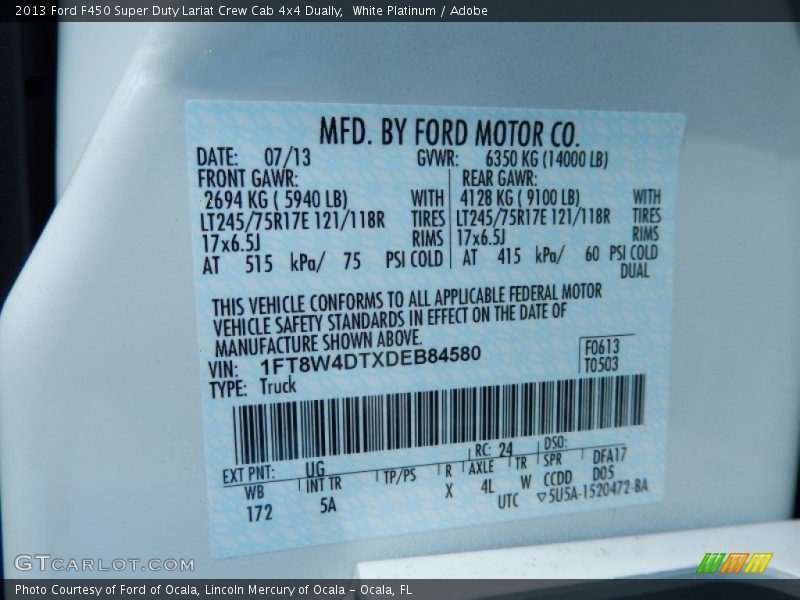 2013 F450 Super Duty Lariat Crew Cab 4x4 Dually White Platinum Color Code UG