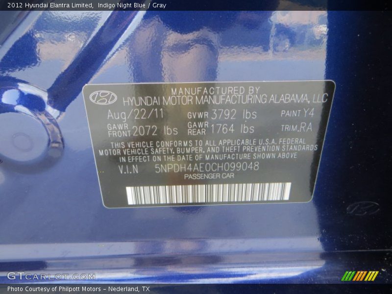 Indigo Night Blue / Gray 2012 Hyundai Elantra Limited