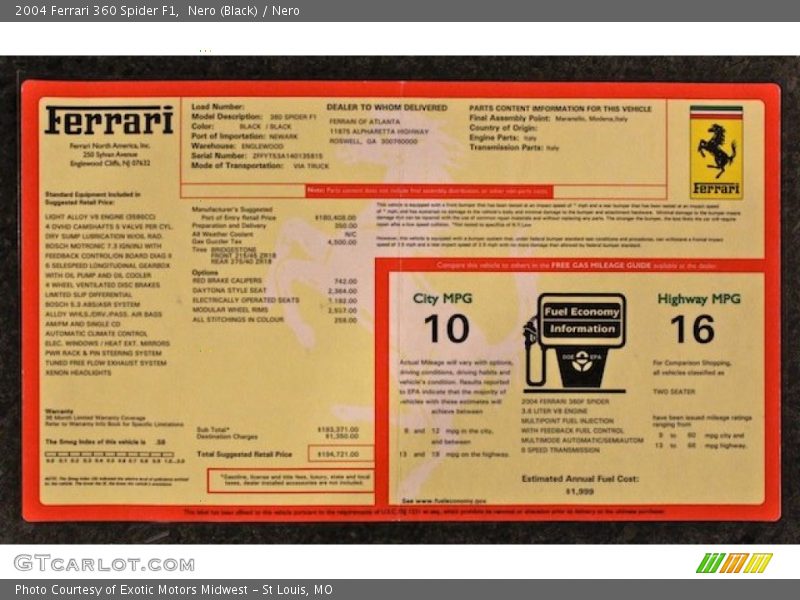  2004 360 Spider F1 Window Sticker
