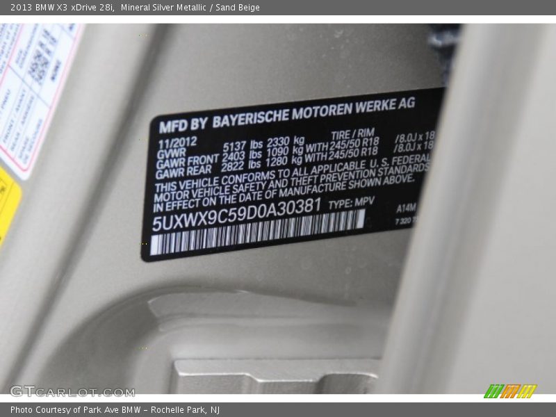 Mineral Silver Metallic / Sand Beige 2013 BMW X3 xDrive 28i