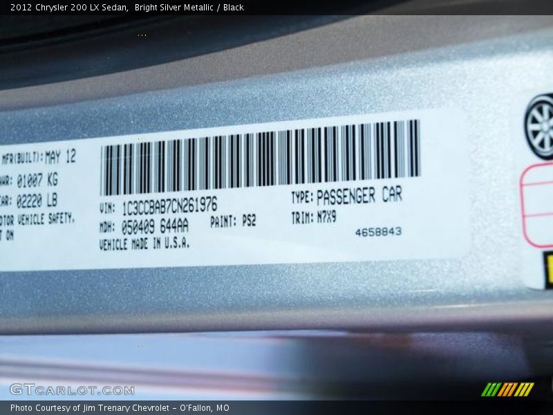 Bright Silver Metallic / Black 2012 Chrysler 200 LX Sedan
