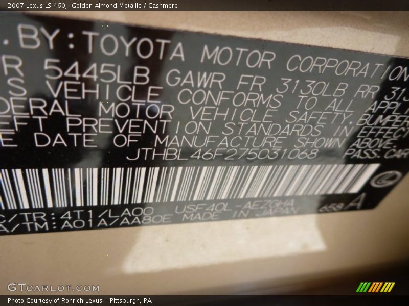 Golden Almond Metallic / Cashmere 2007 Lexus LS 460