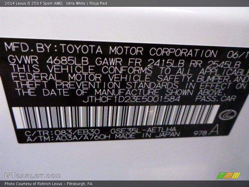 2014 IS 250 F Sport AWD Ultra White Color Code 083