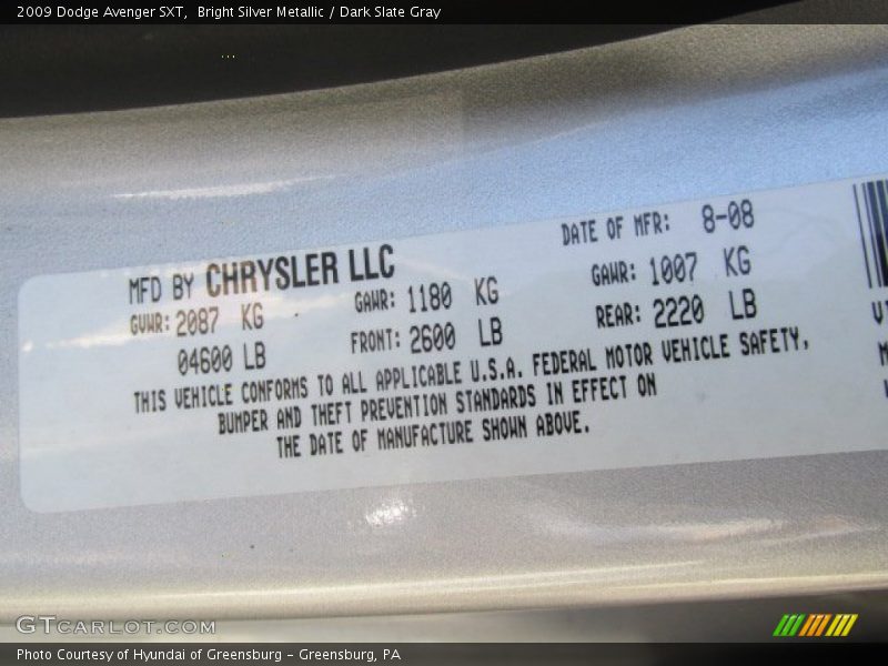 Bright Silver Metallic / Dark Slate Gray 2009 Dodge Avenger SXT