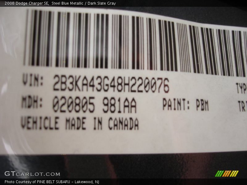 Steel Blue Metallic / Dark Slate Gray 2008 Dodge Charger SE