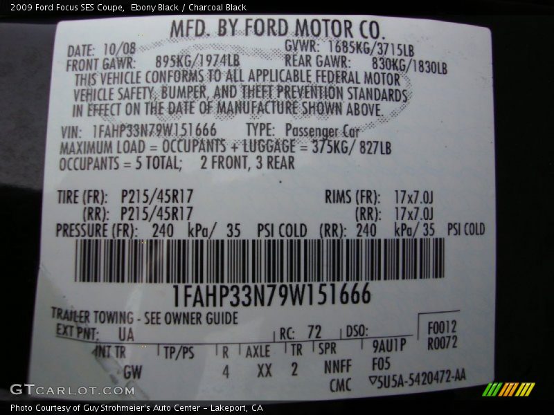 Ebony Black / Charcoal Black 2009 Ford Focus SES Coupe