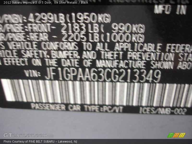 Ice Silver Metallic / Black 2012 Subaru Impreza 2.0i 5 Door