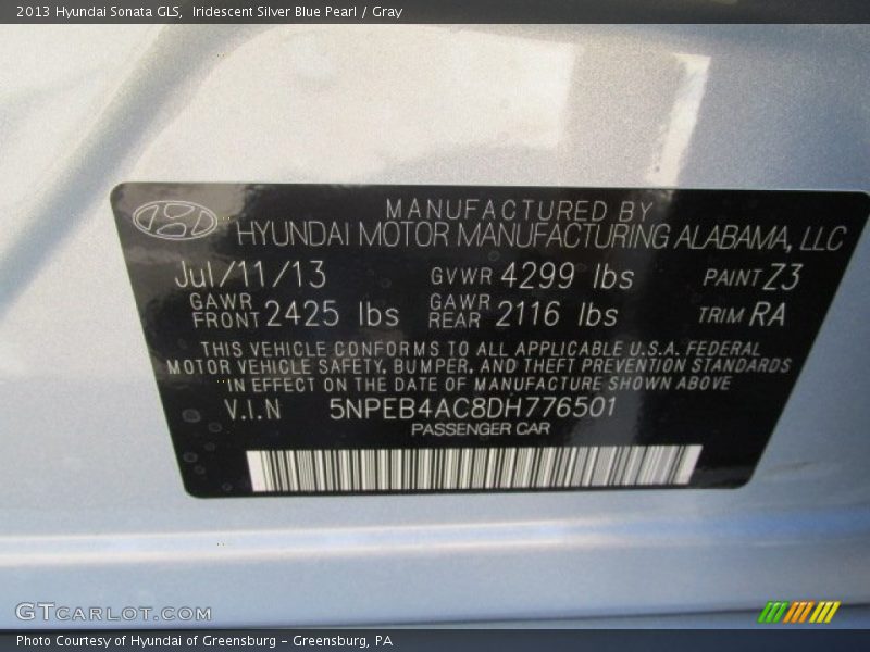 Iridescent Silver Blue Pearl / Gray 2013 Hyundai Sonata GLS