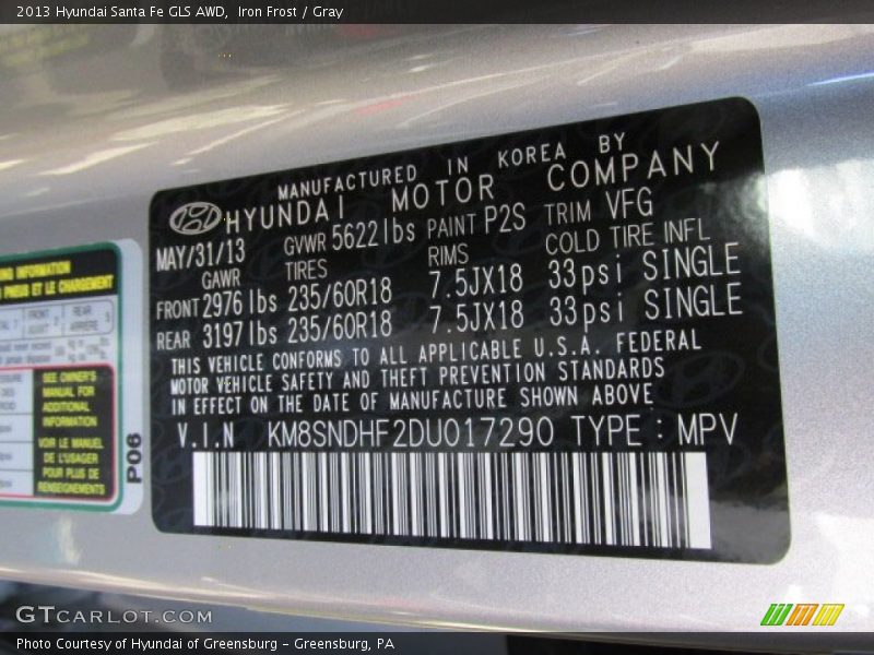2013 Santa Fe GLS AWD Iron Frost Color Code P2S