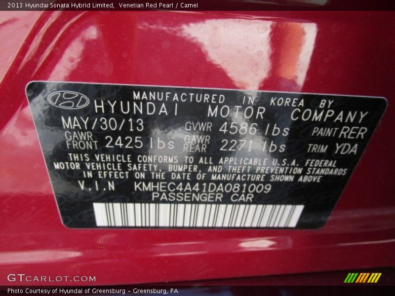 Venetian Red Pearl / Camel 2013 Hyundai Sonata Hybrid Limited