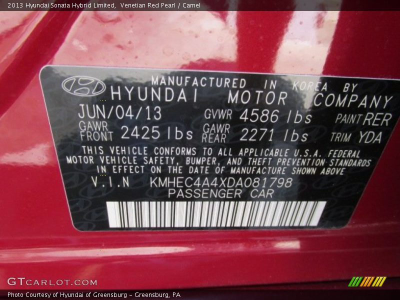Venetian Red Pearl / Camel 2013 Hyundai Sonata Hybrid Limited