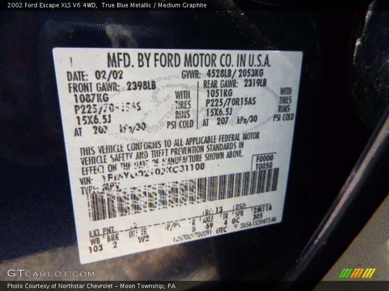 True Blue Metallic / Medium Graphite 2002 Ford Escape XLS V6 4WD