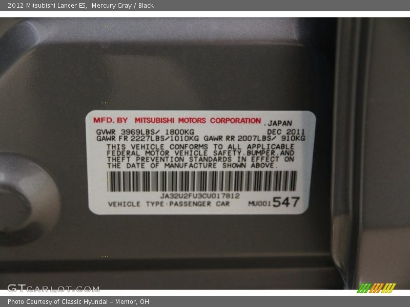 Mercury Gray / Black 2012 Mitsubishi Lancer ES