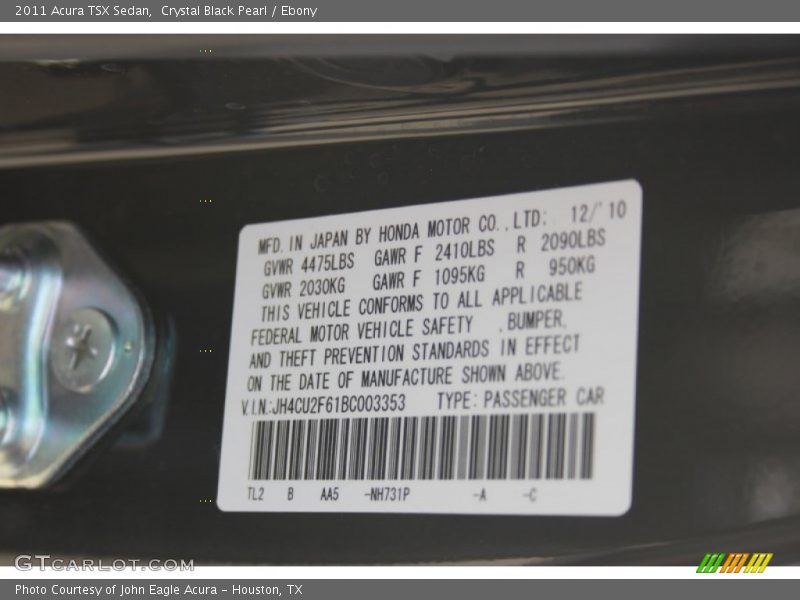 Crystal Black Pearl / Ebony 2011 Acura TSX Sedan
