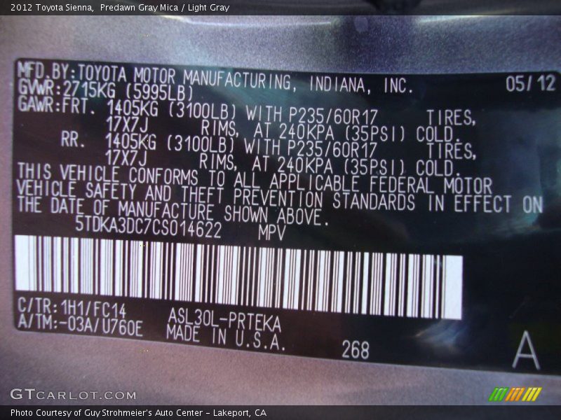 Predawn Gray Mica / Light Gray 2012 Toyota Sienna