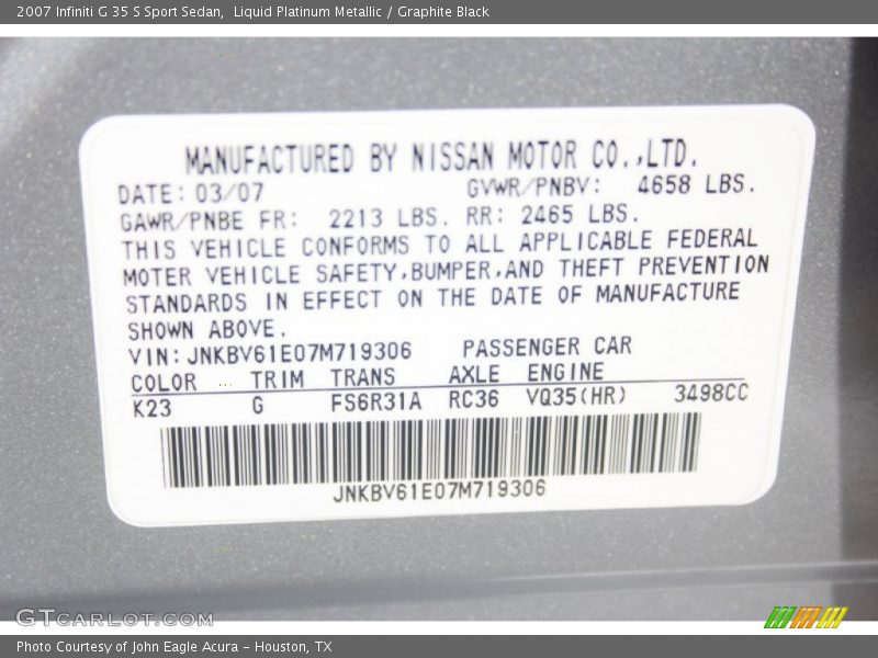 Liquid Platinum Metallic / Graphite Black 2007 Infiniti G 35 S Sport Sedan