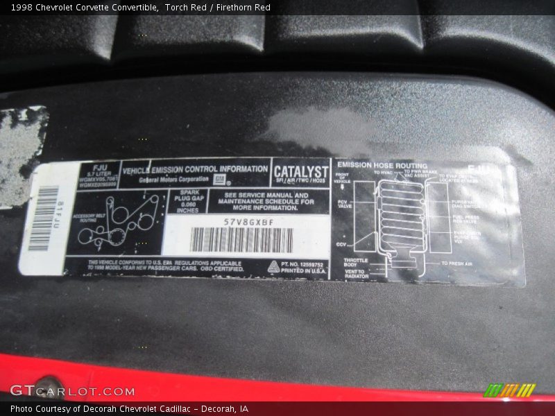 Info Tag of 1998 Corvette Convertible
