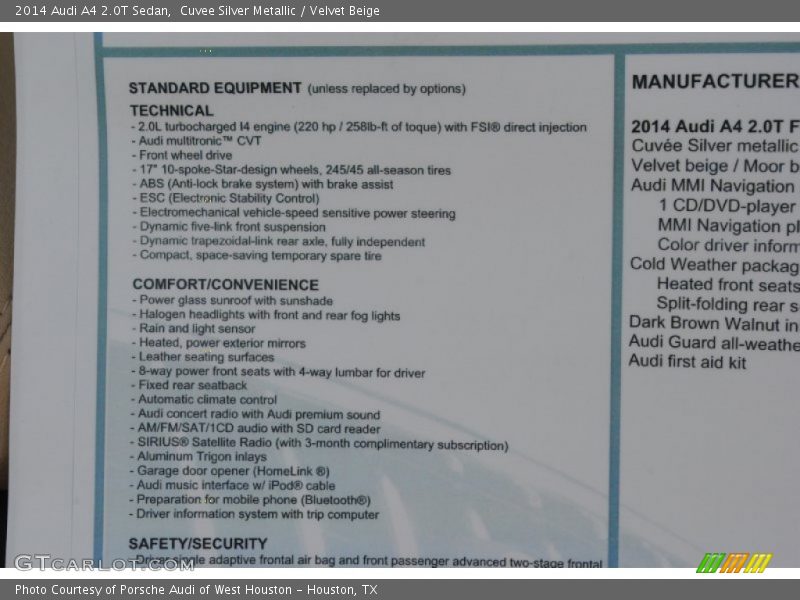  2014 A4 2.0T Sedan Window Sticker