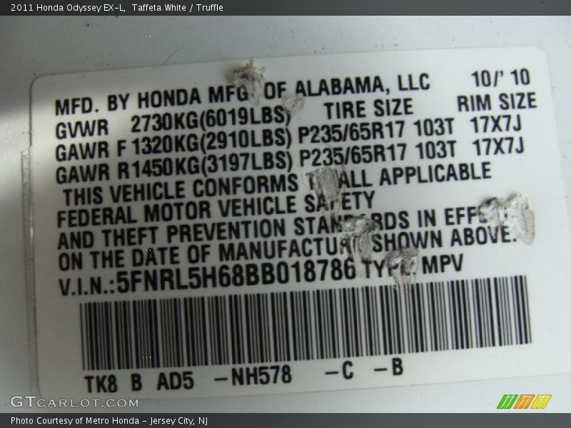 Taffeta White / Truffle 2011 Honda Odyssey EX-L