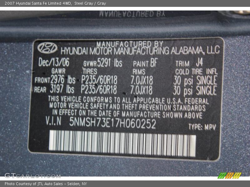 Steel Gray / Gray 2007 Hyundai Santa Fe Limited 4WD