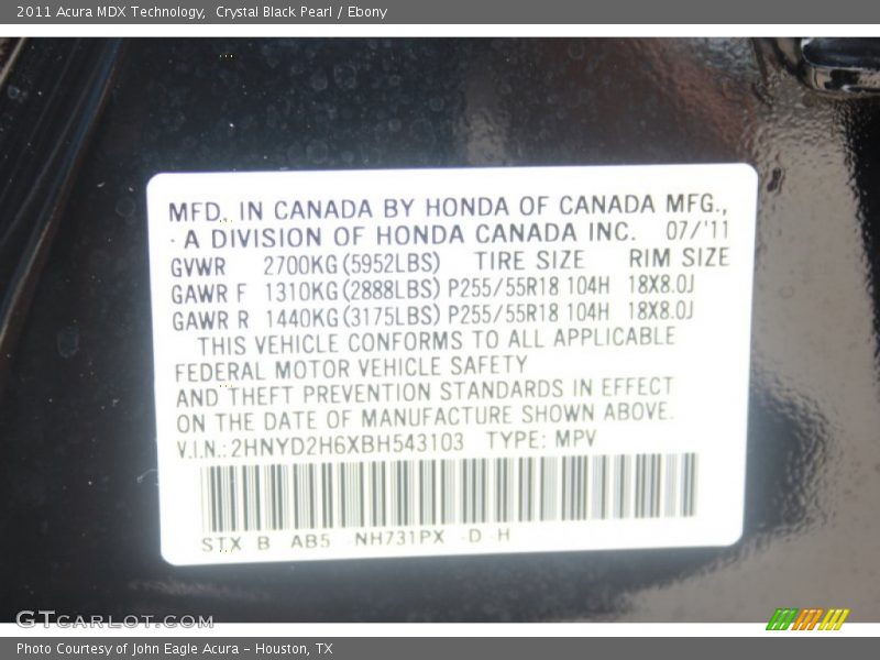 Crystal Black Pearl / Ebony 2011 Acura MDX Technology