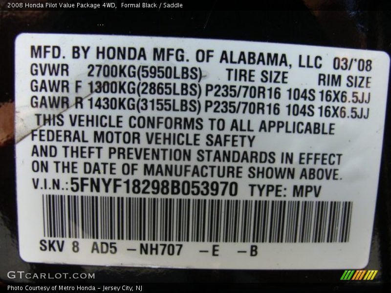 Formal Black / Saddle 2008 Honda Pilot Value Package 4WD