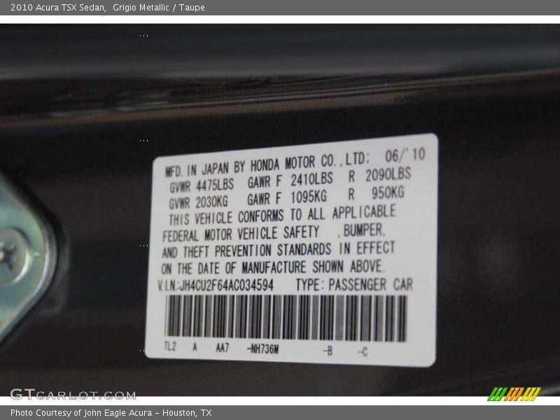 Grigio Metallic / Taupe 2010 Acura TSX Sedan