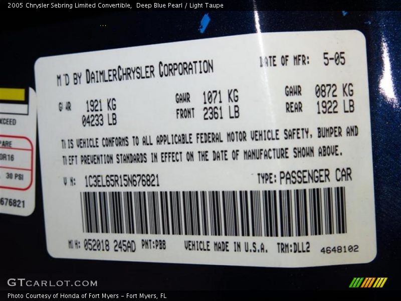 Deep Blue Pearl / Light Taupe 2005 Chrysler Sebring Limited Convertible