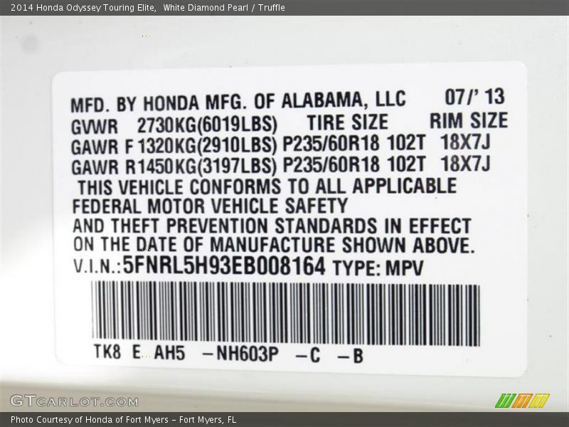 White Diamond Pearl / Truffle 2014 Honda Odyssey Touring Elite