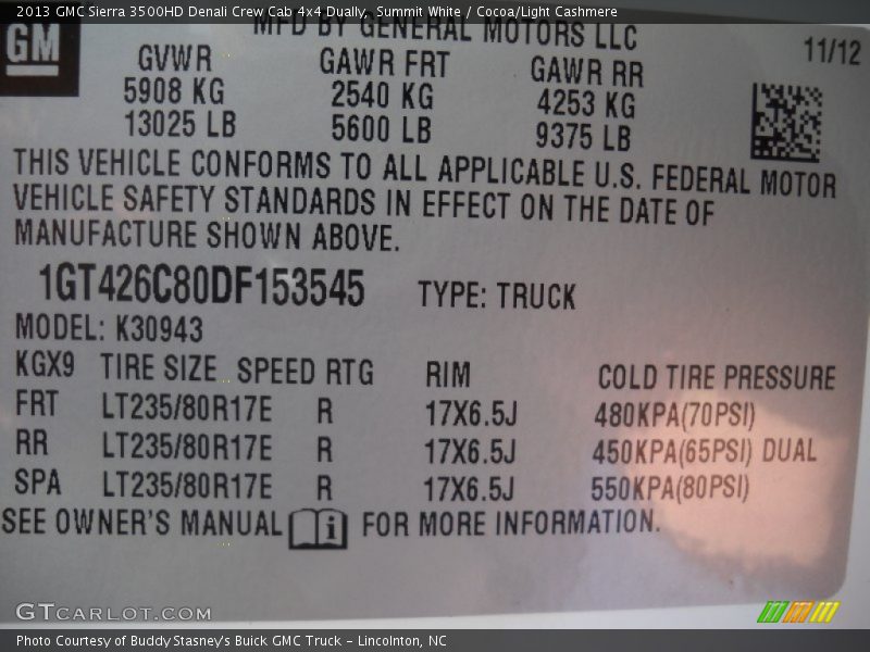 Summit White / Cocoa/Light Cashmere 2013 GMC Sierra 3500HD Denali Crew Cab 4x4 Dually