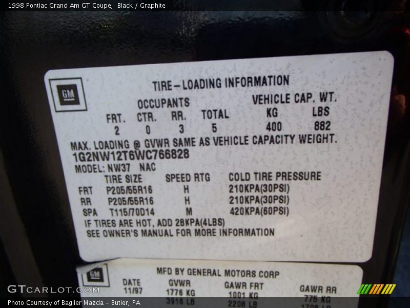 Info Tag of 1998 Grand Am GT Coupe