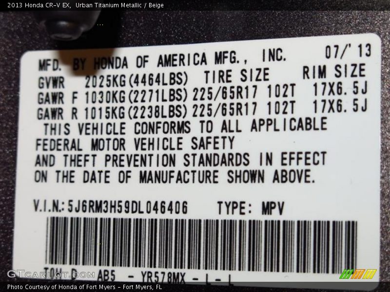 Urban Titanium Metallic / Beige 2013 Honda CR-V EX