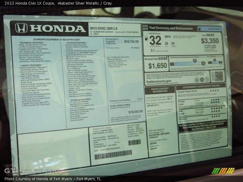 Alabaster Silver Metallic / Gray 2013 Honda Civic LX Coupe