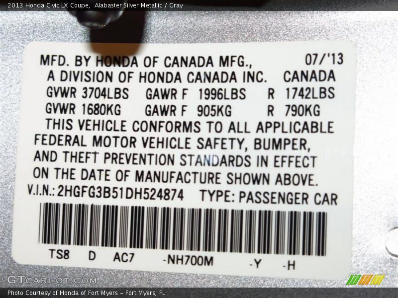 Alabaster Silver Metallic / Gray 2013 Honda Civic LX Coupe