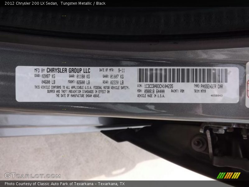 Tungsten Metallic / Black 2012 Chrysler 200 LX Sedan