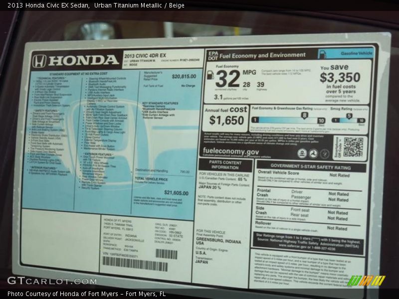 Urban Titanium Metallic / Beige 2013 Honda Civic EX Sedan