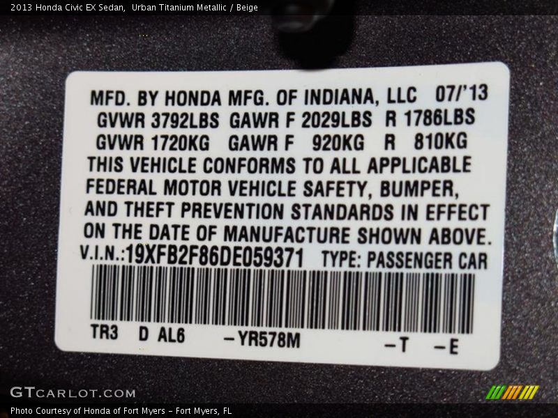 Urban Titanium Metallic / Beige 2013 Honda Civic EX Sedan