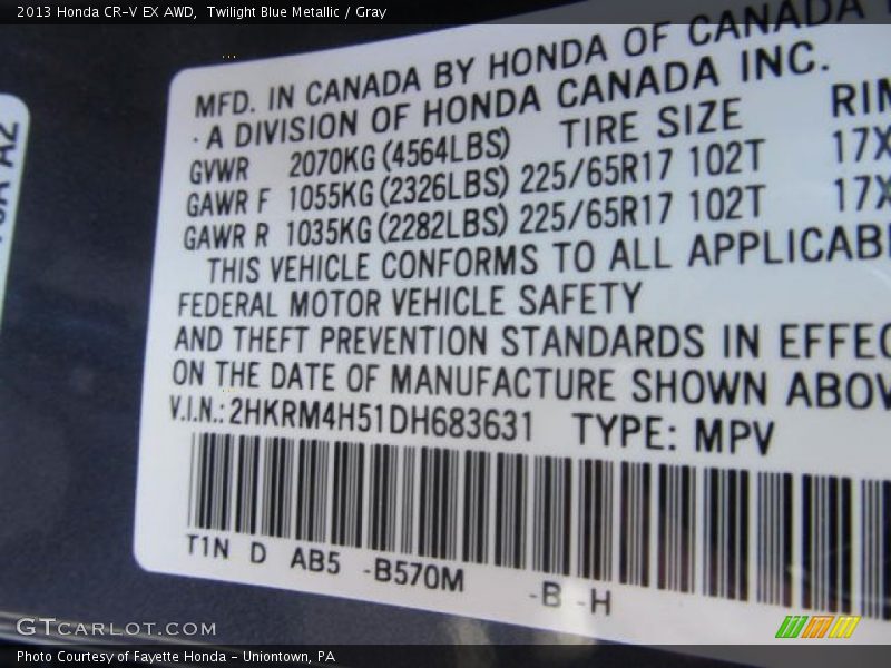 Twilight Blue Metallic / Gray 2013 Honda CR-V EX AWD