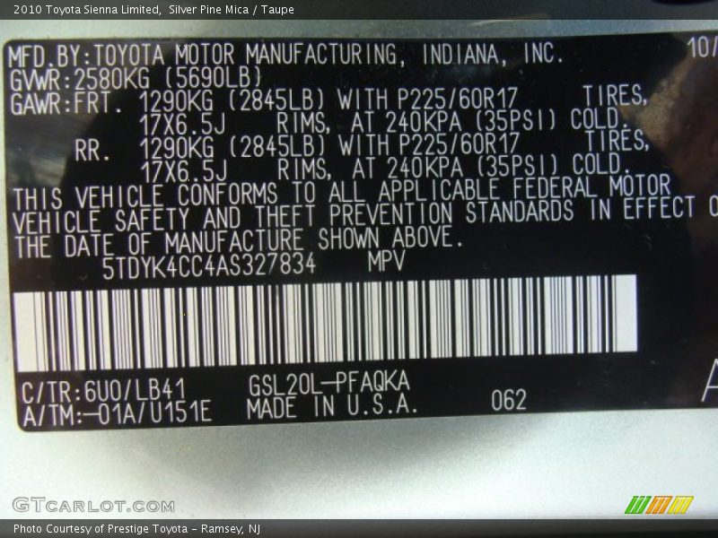 Silver Pine Mica / Taupe 2010 Toyota Sienna Limited