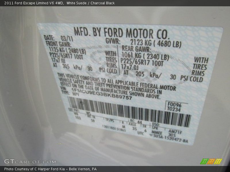 White Suede / Charcoal Black 2011 Ford Escape Limited V6 4WD